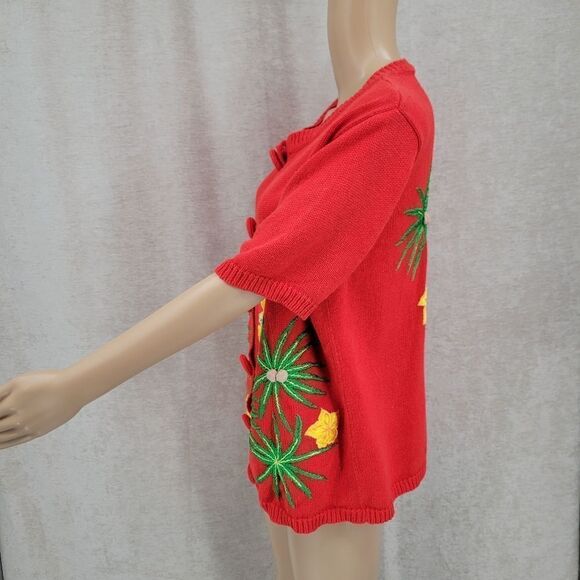 Designers Studio Red Short Sleeve Cardigan Tropical Flamingo Coastal Grandma - Picture 6 of 10